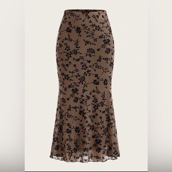 SHEIN Dresses & Skirts - SHEIN Brown midi/ Maxi Skirt with Black Floral Print